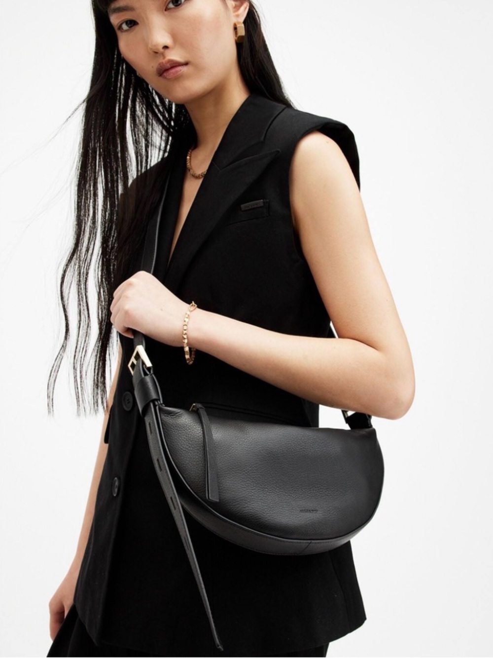 AllSaints Half Moon Black Leather Crossbody Bag